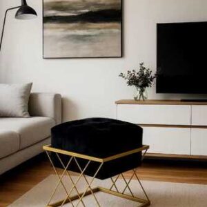 Puff Banqueta Quadrada de Ferro com Tecido em Veludo