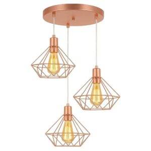Lustre Pendente Triplo Diamante, Aramado Rose Gold, Estilo Industrial