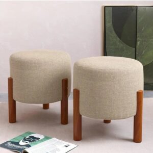 Kit 2 Puff Banquinho Redondo Decorativo Thor em Linho Pés Madeira Maciça Bege