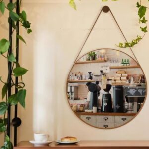 Espelho Decorativo Adnet Grande de Parede Redondo com Alça em Material Ecológico 60cm + Suporte